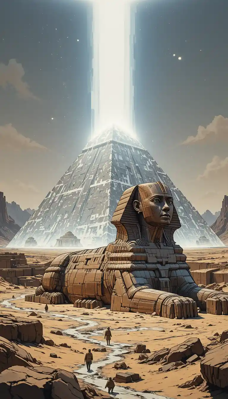 Pirâmide de Cristal Brilhante Iluminando a Esfinge no Deserto
