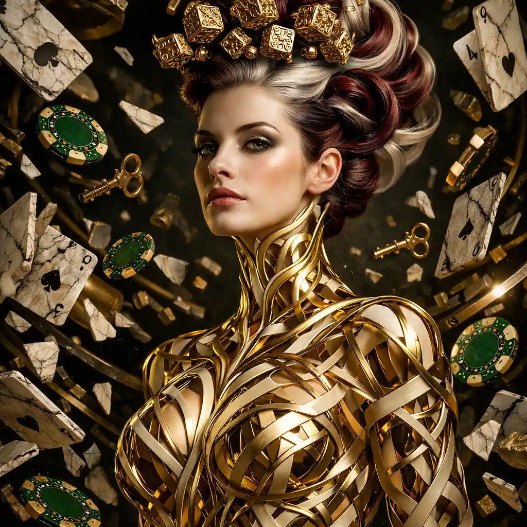 Surreal woman of gold lattice and ivory exoskeleton