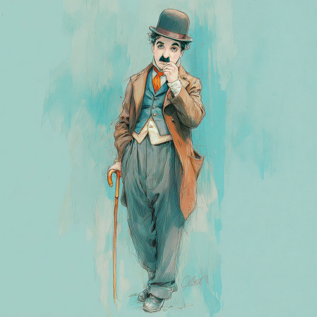 Figura de anime à la Chaplin em pé, pensativa com bengala