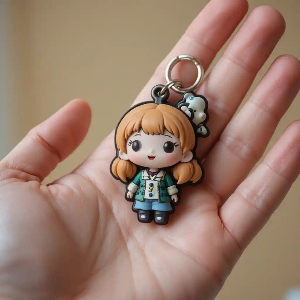 Close up rubber keychain held in a gentle hand
