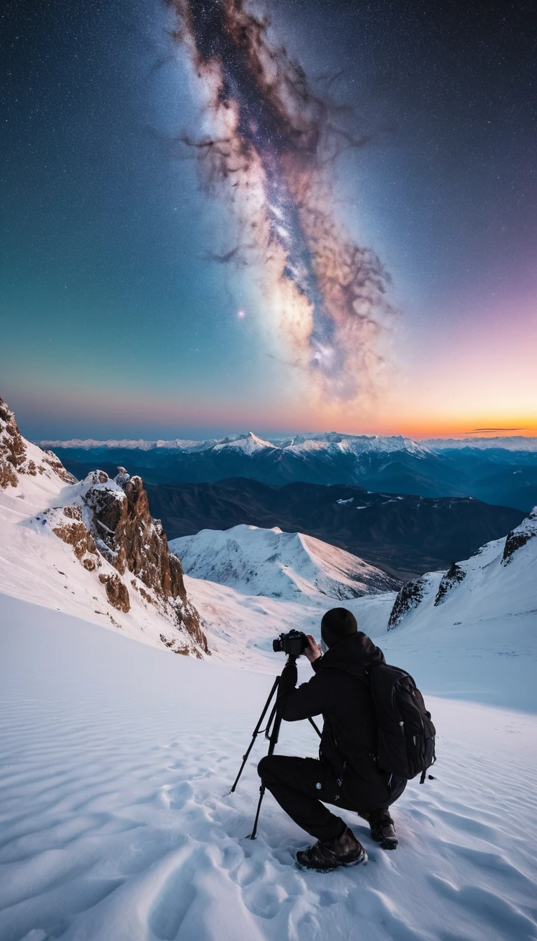 Photographe camouflé sur montagne enneigée face à un événement cosmique