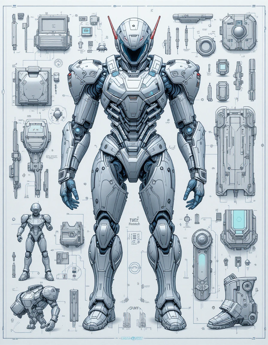 Blueprint Futurista de Armadura Mecha Japonesa com Cockpit