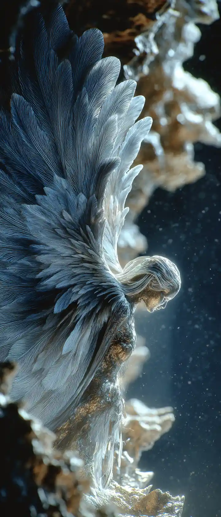 Sad angel drifting away from earth into cosmic void