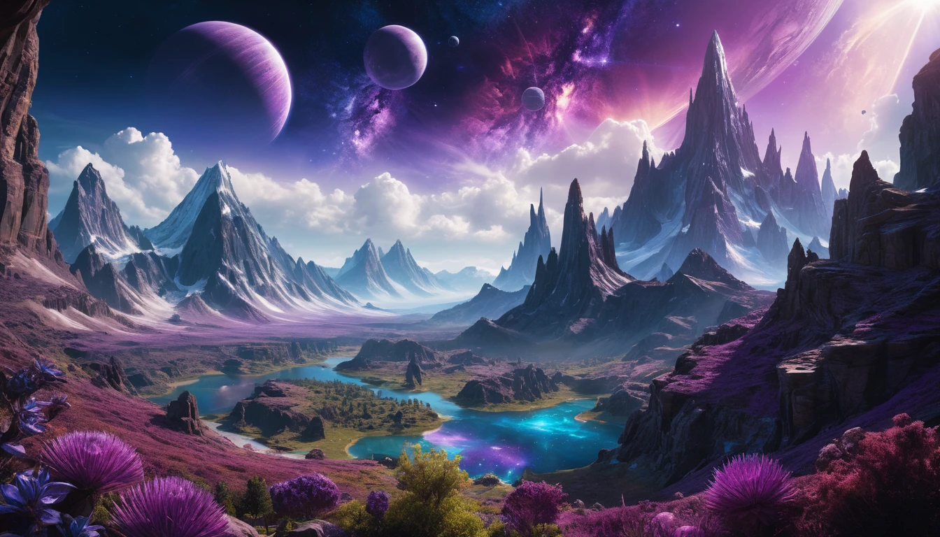 Alien mountains and glowing foliage under a purple sky