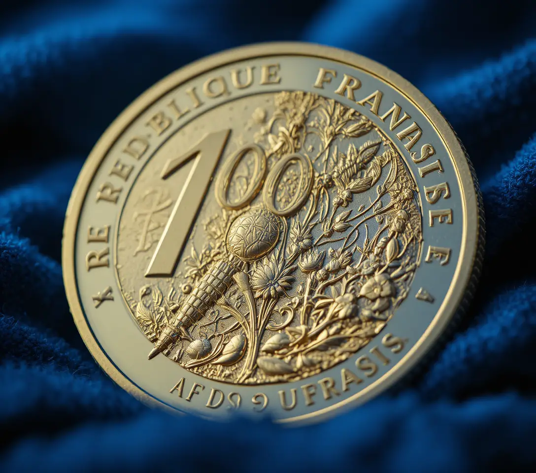 精緻金質1000歐元硬幣的微距棚拍視角