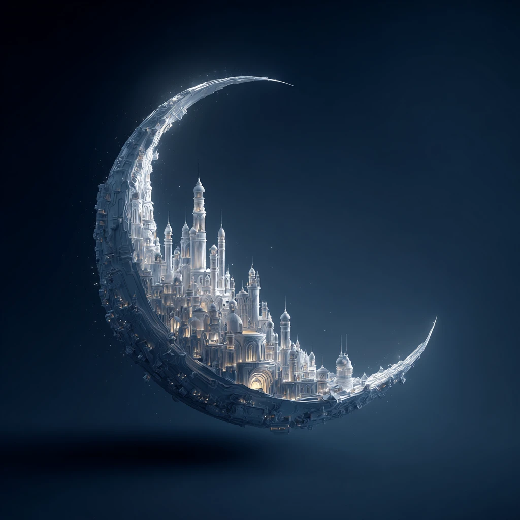 Enchanted Moonstone City Floating Above A Quiet Lunar Crescent