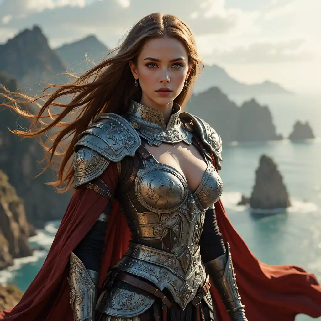 Fantasy warrior woman on a windswept coastal cliff