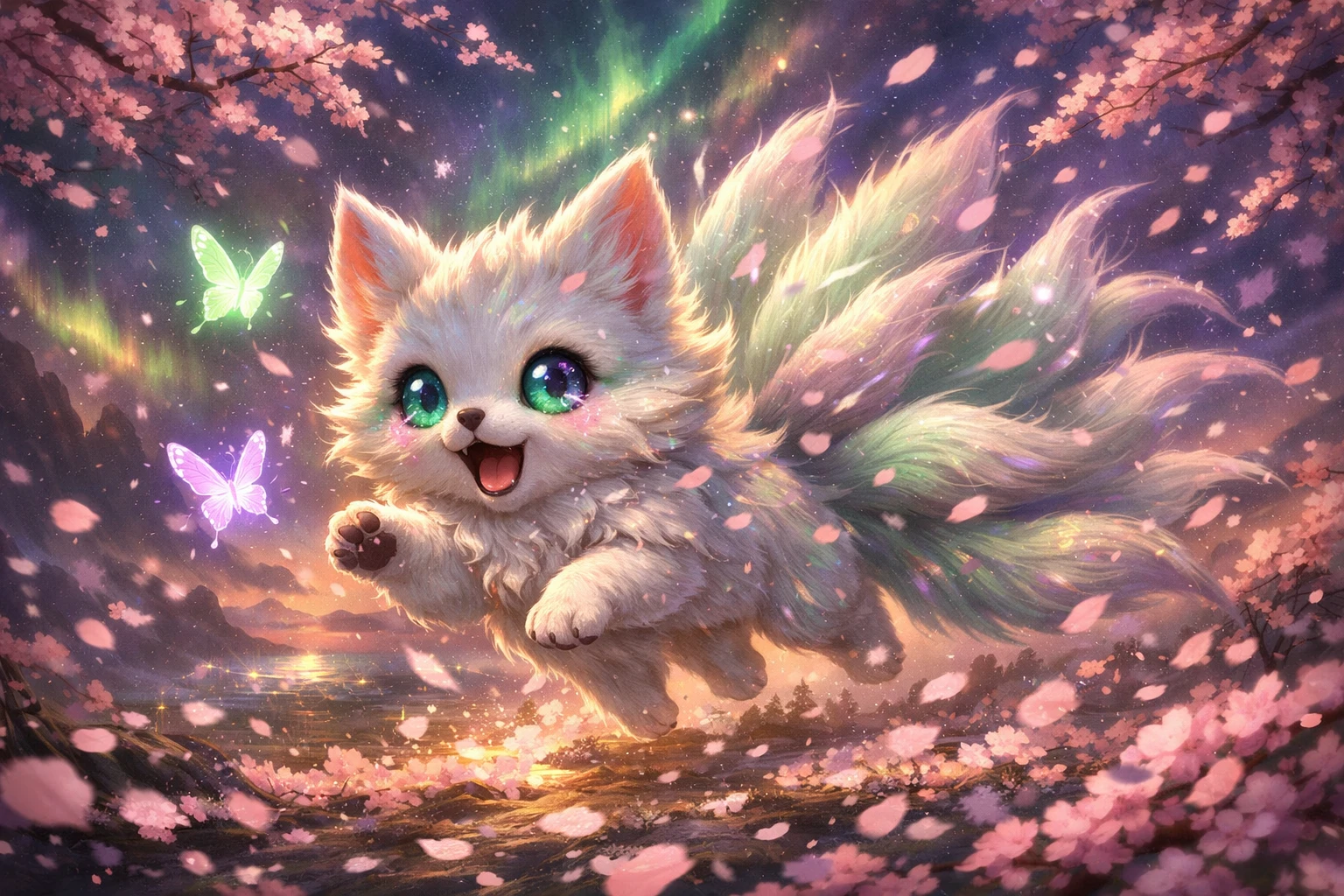 Playful baby fox spirit chasing glowing butterflies