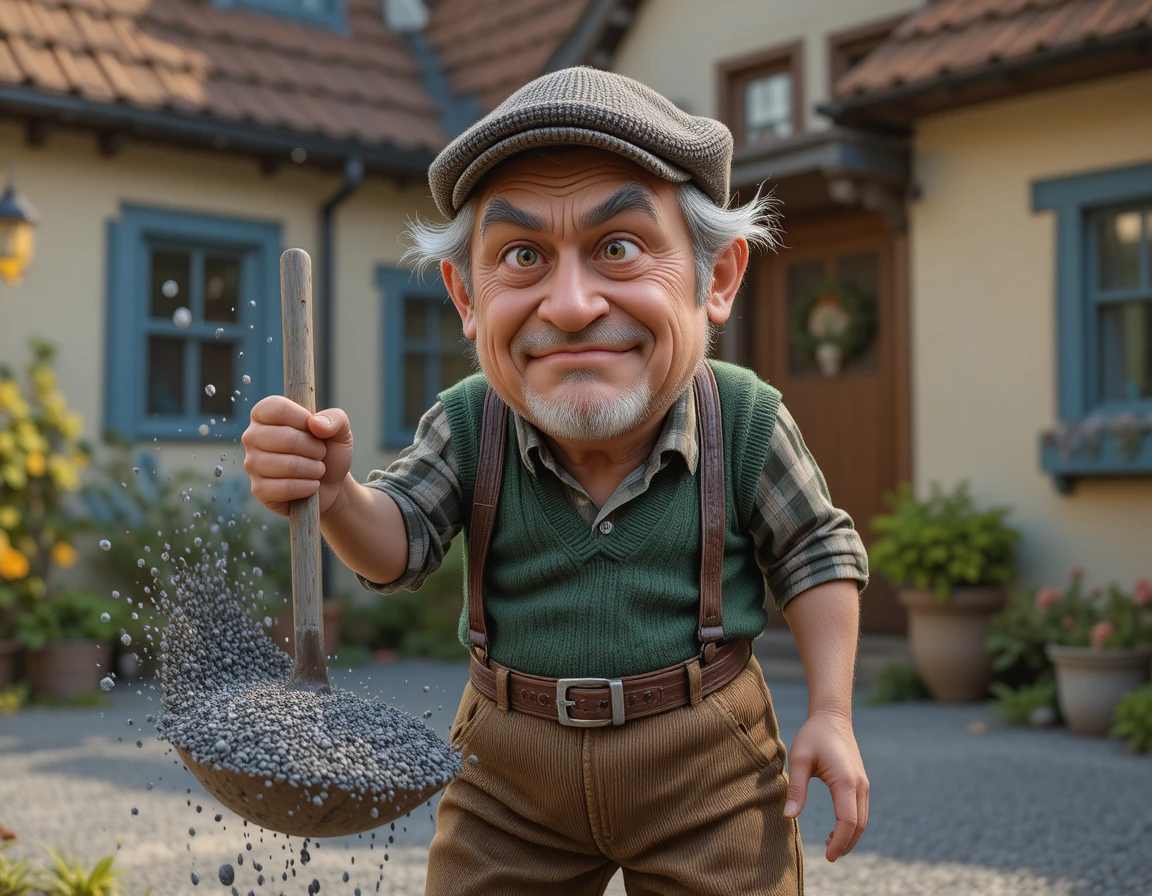 Grumpy Grandpa Tossing Gravel In A Country Cottage Yard