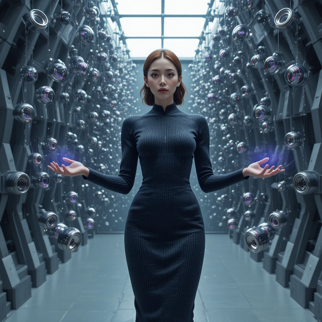 Korean woman with bioluminescent tech in acoustic lab