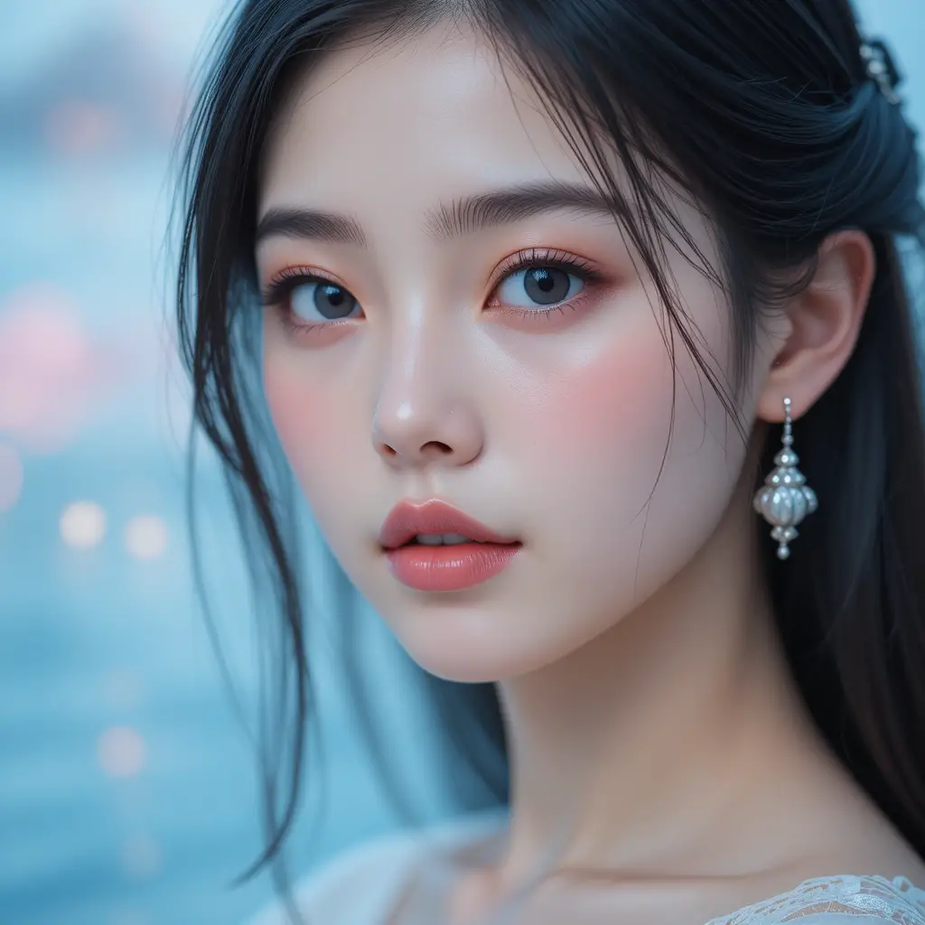 青い瞳の東洋人少女のソフトファンタジーポートレート