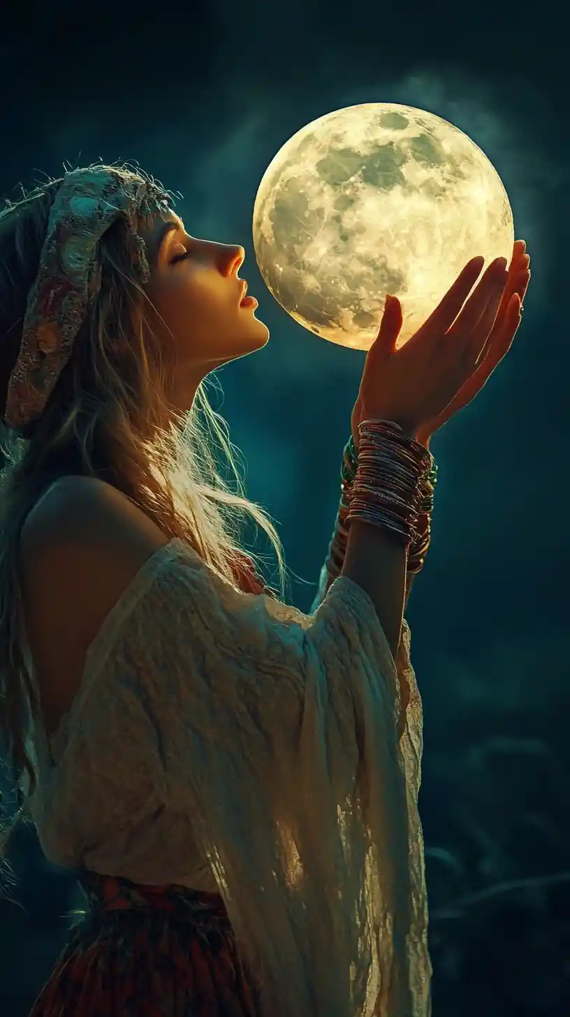 Hombre Contemplando una Luna Conjurada Bajo el Cielo Nocturno