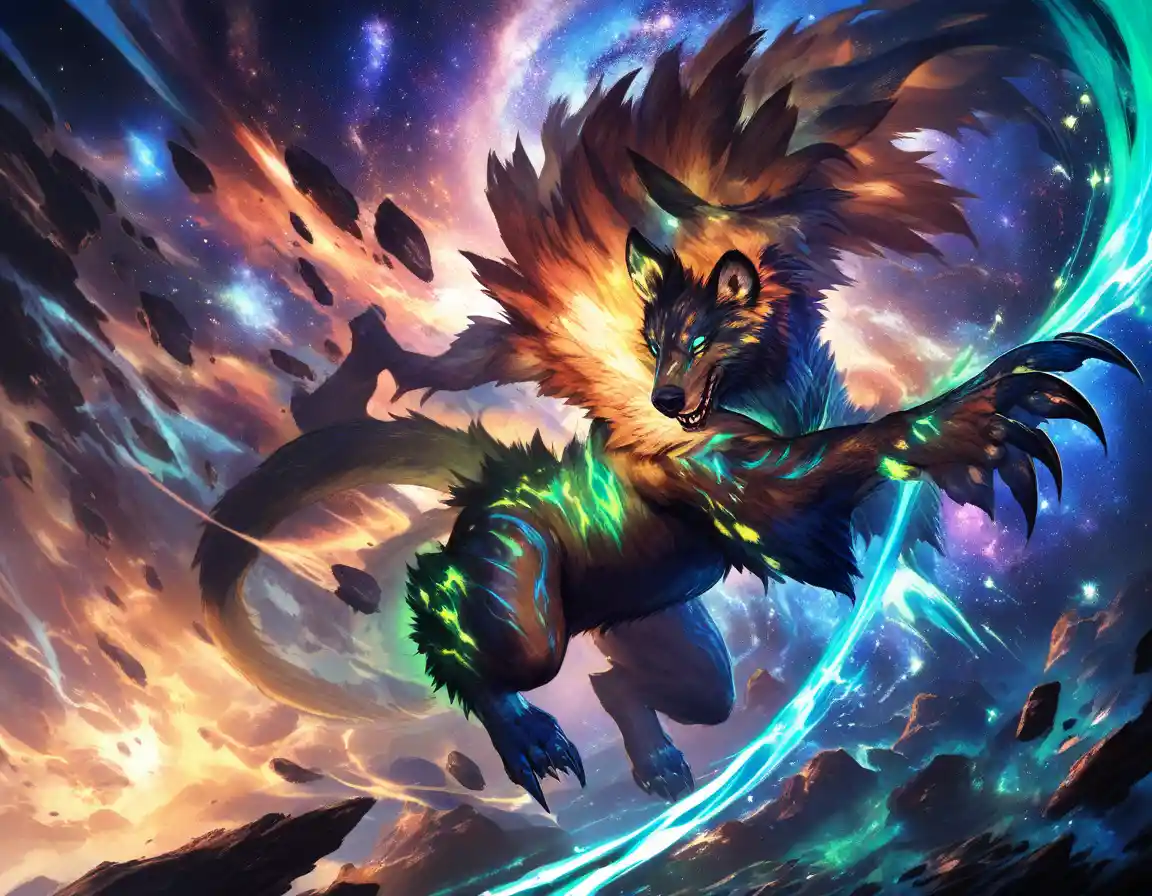 Anime fantasy beast lunging through swirling cosmic energy