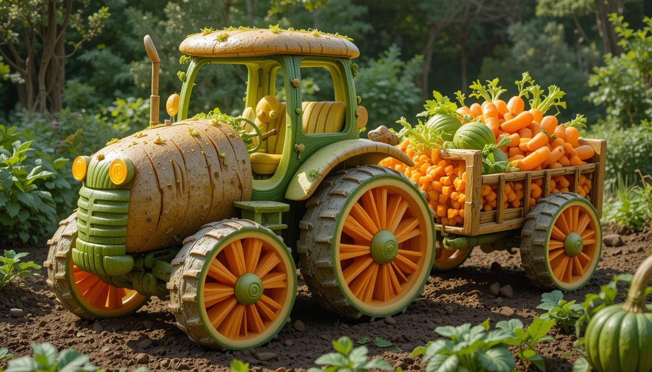 Trator de legumes lúdico com reboque de frutas no jardim