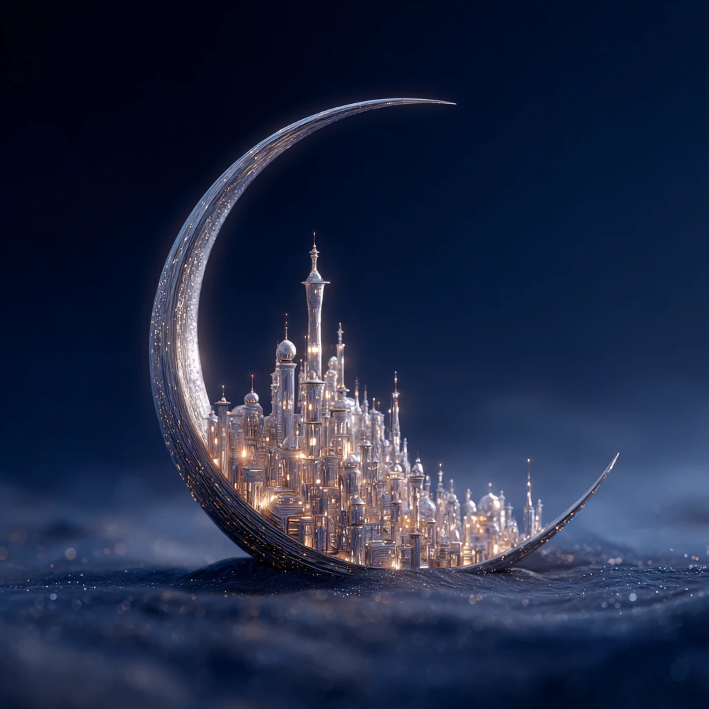 Moonstone fantasy city drifting above a quiet lunar crescent
