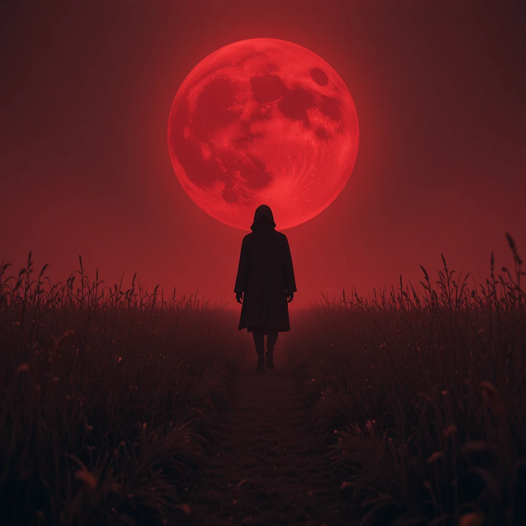 Shadowy figure crossing a field under a blood red moon