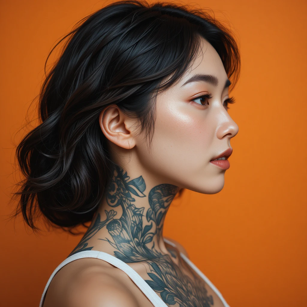 Ritratto di profilo di una donna tatuata su sfondo arancione
