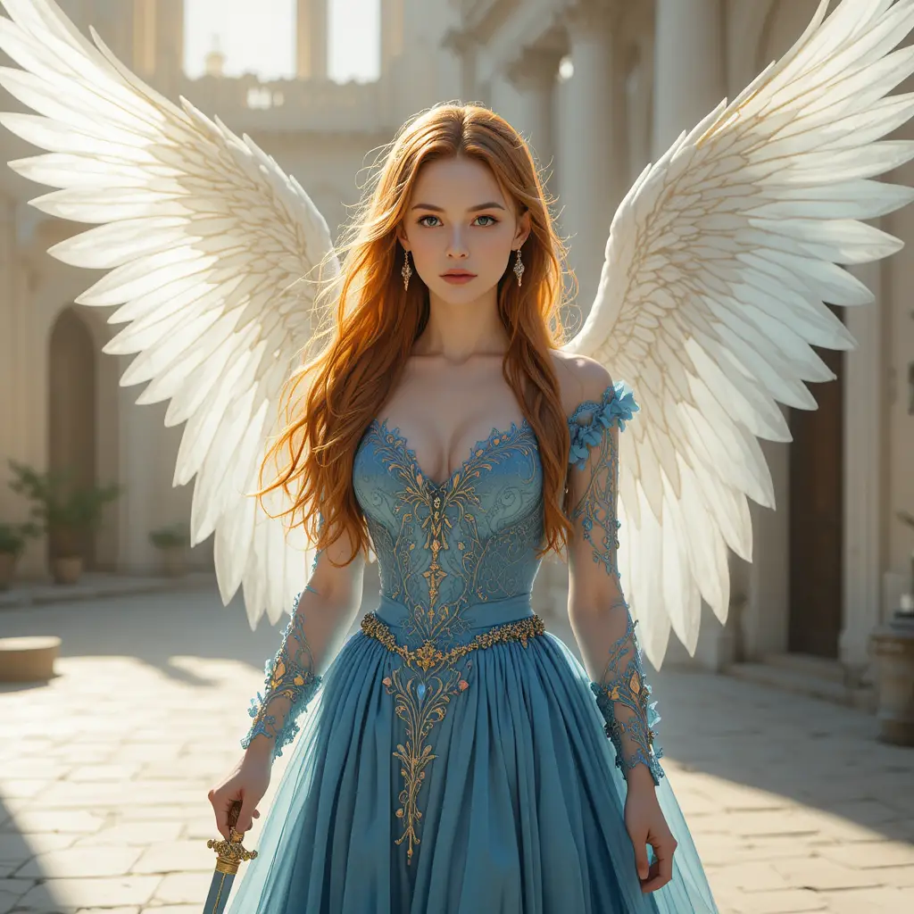 Mulher fantástica com adaga em um pátio angelical banhado pelo sol