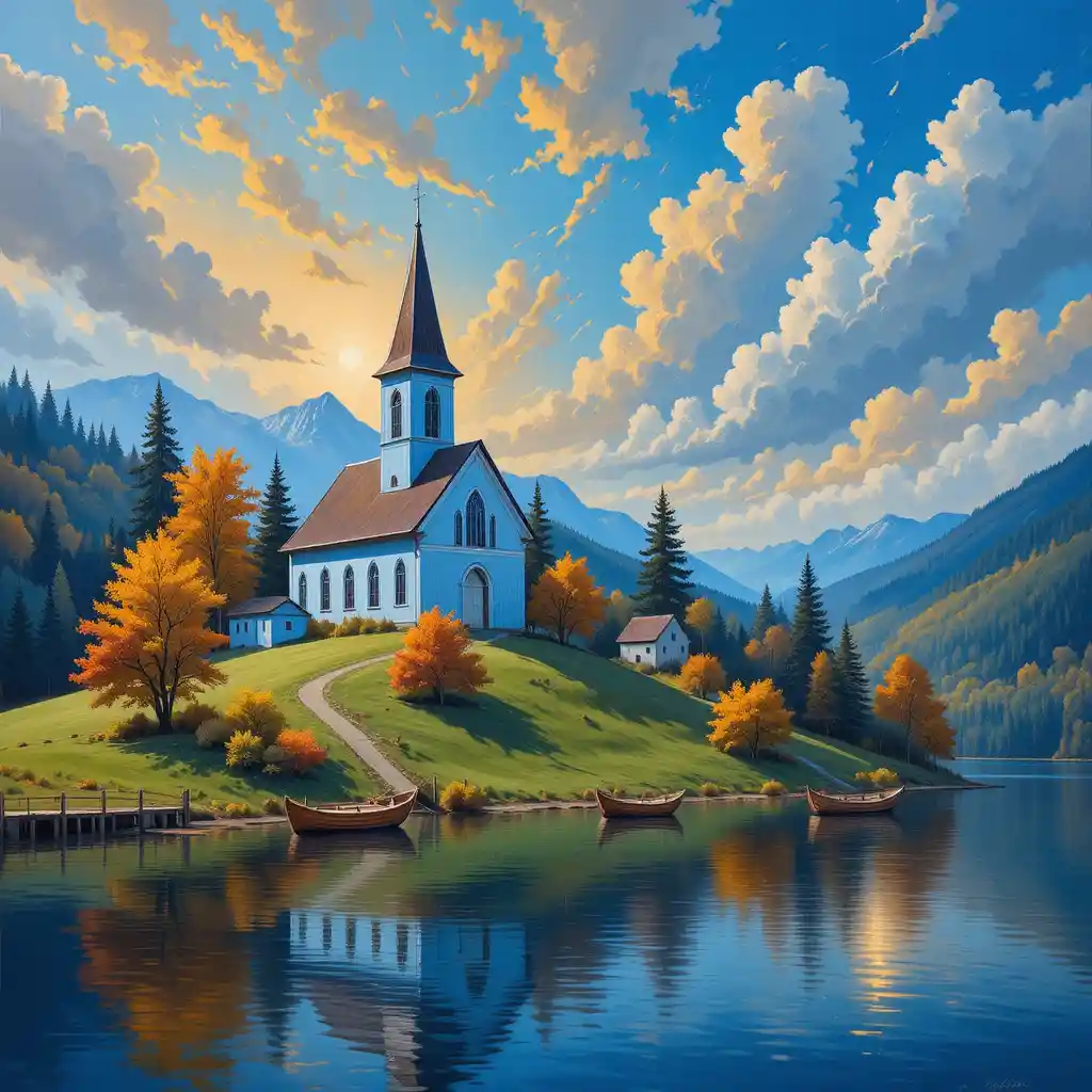 Chiesa blu sulla collina sopra un lago calmo e riflettente al tramonto