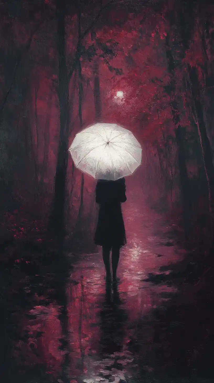 Silhouette au parapluie blanc dans une forêt rouge brumeuse