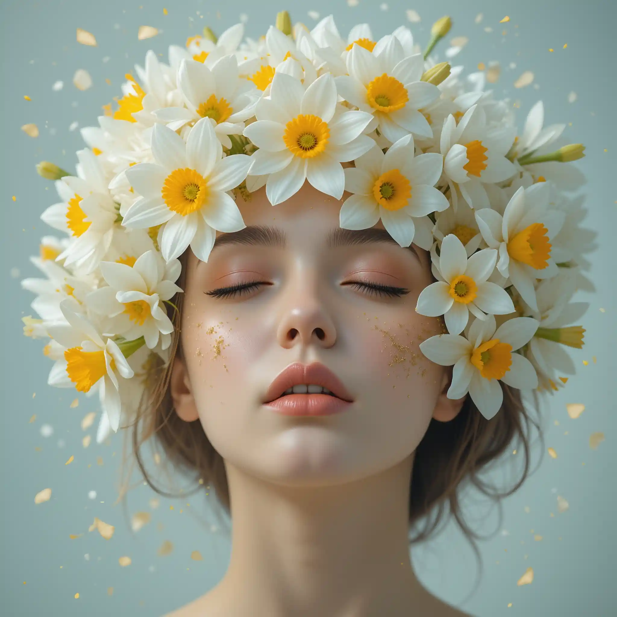 Ritratto surreale di una donna con testa di narcisi in fiore