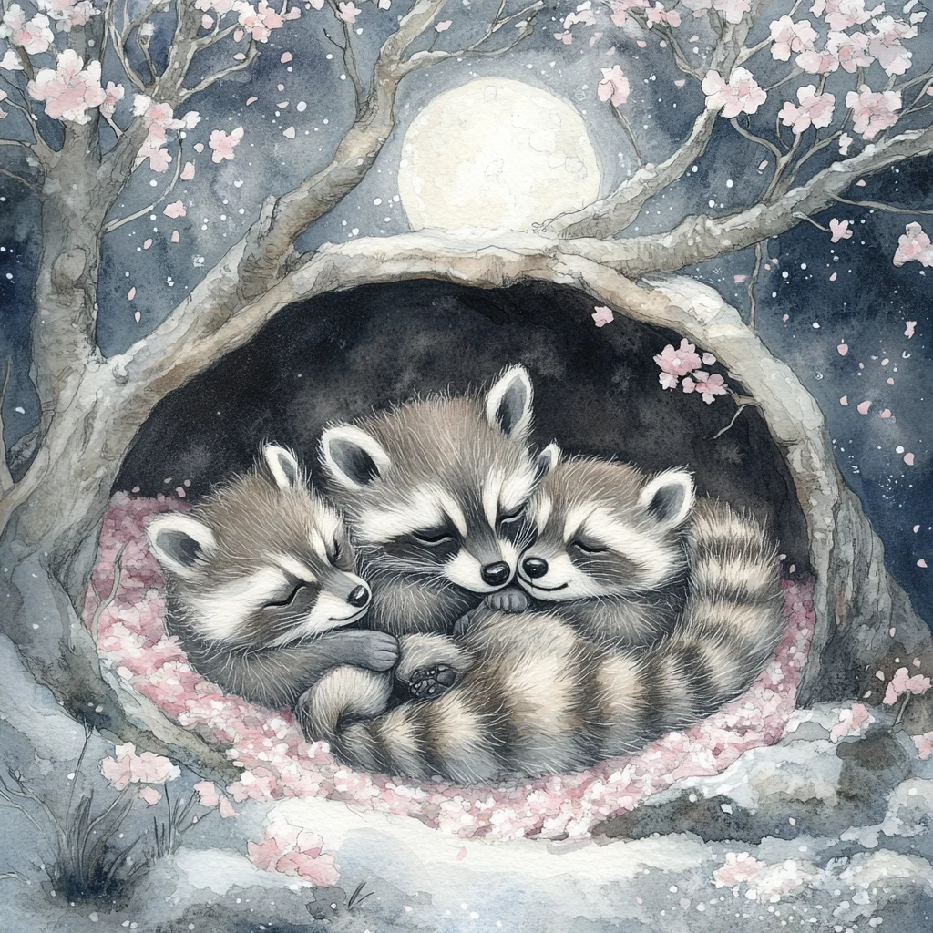 Watercolor raccoon kits cuddling in a moonlit forest den