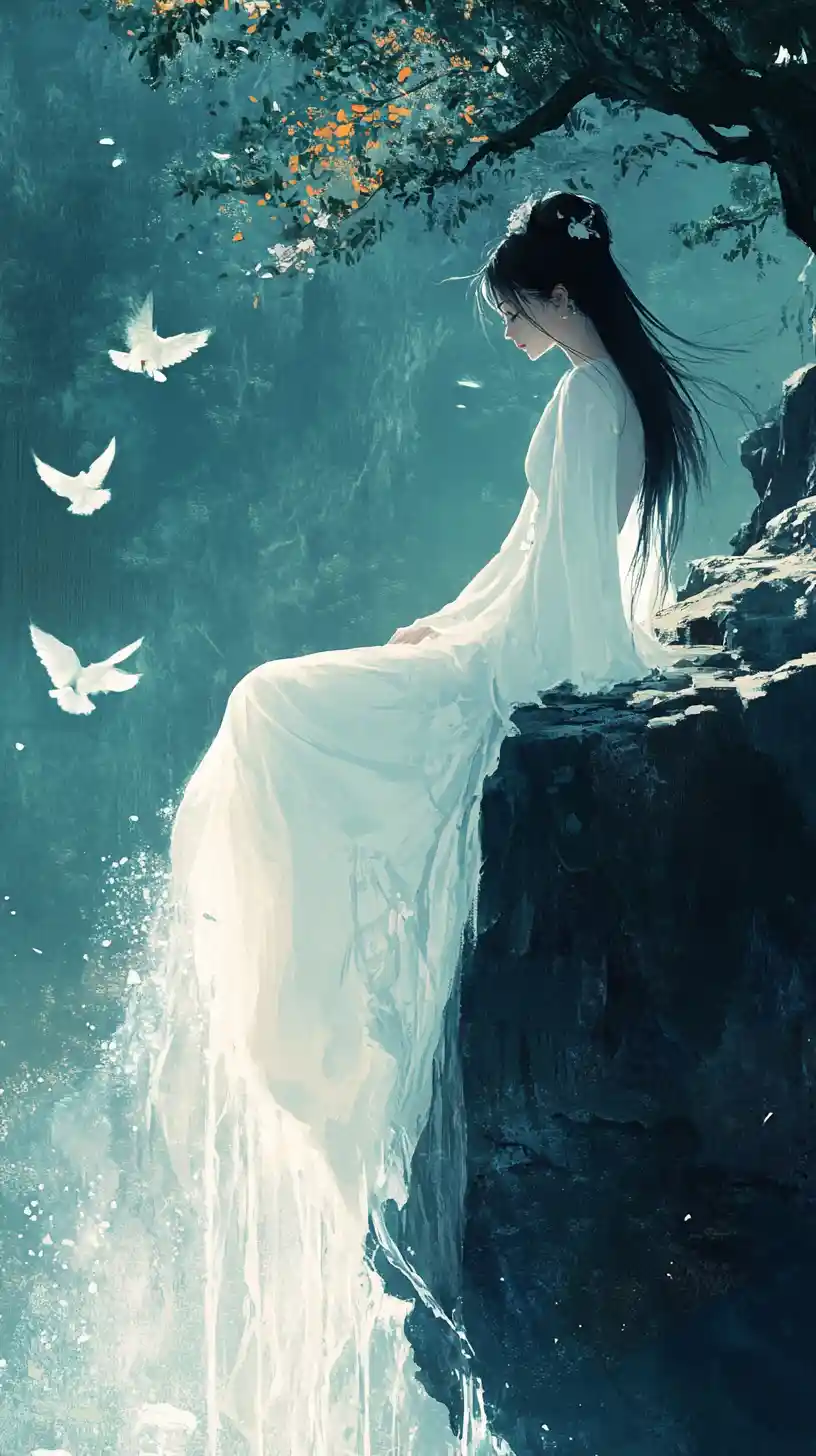 Giovane donna in abito bianco su roccia fluttuante
