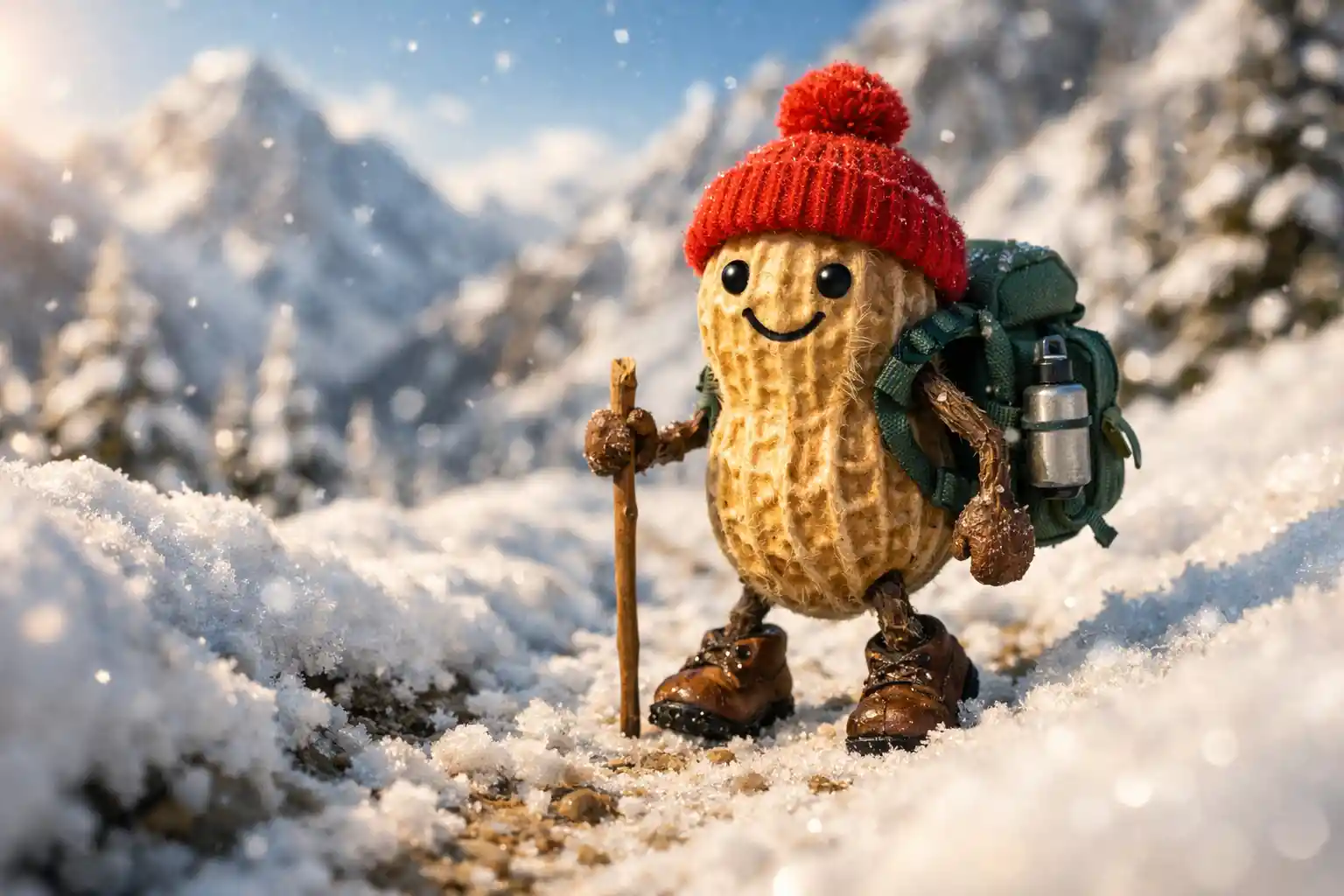 Tiny Peanut Hiker Walking On A Snowy Mountain Trail