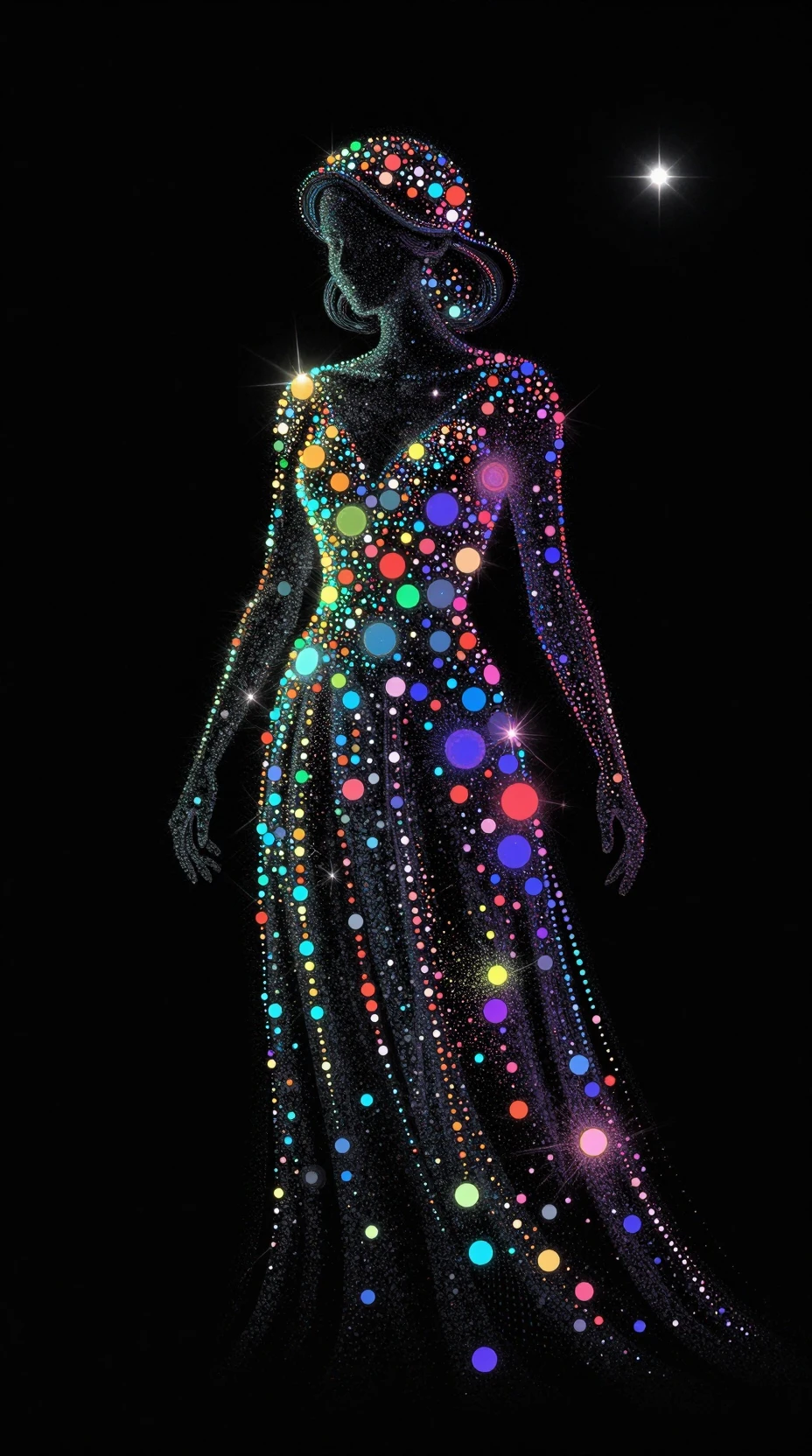 Surreal glowing dot silhouette on cosmic black background