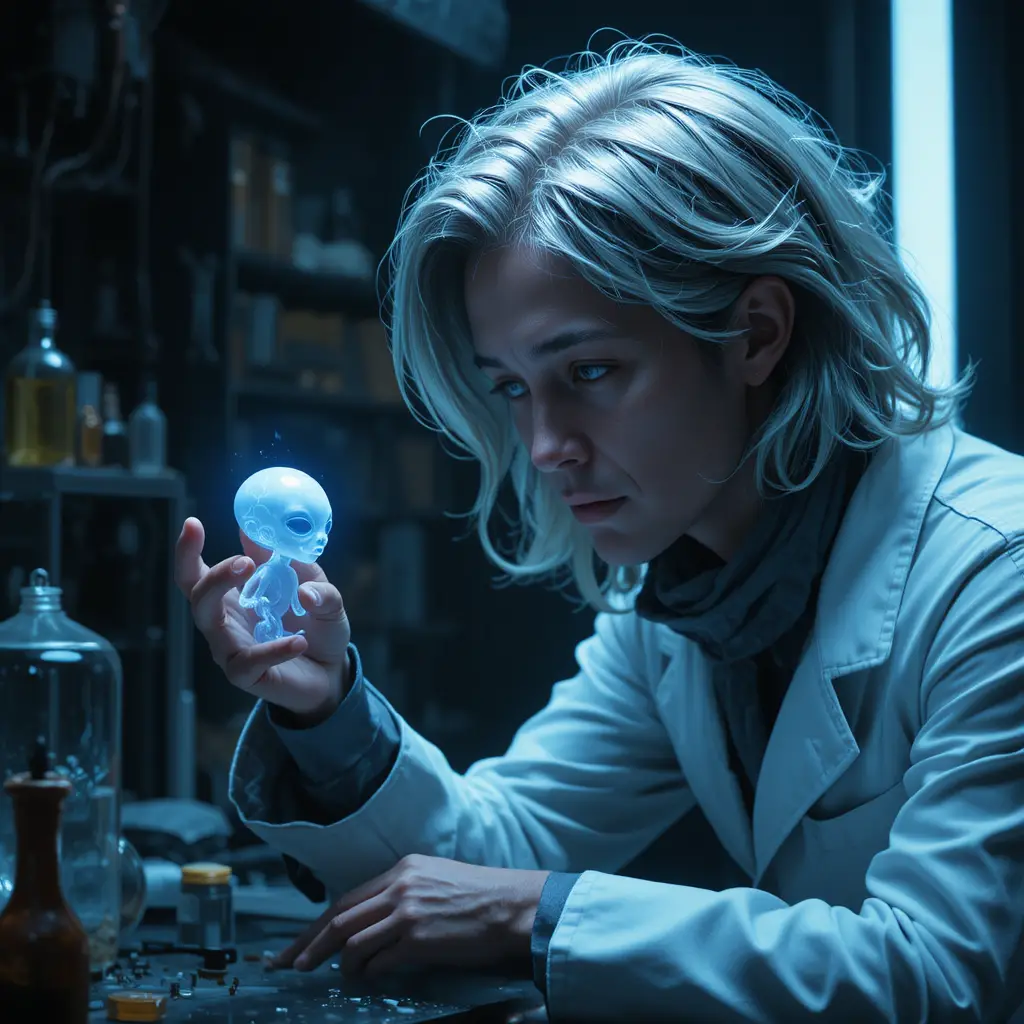 Scientist Studying A Glowing Blue Alien In Dark Laboratory