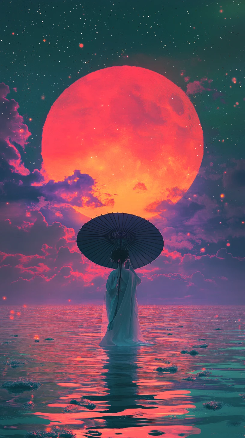 Donna in hanfu con parasole davanti a un sole viola colossale