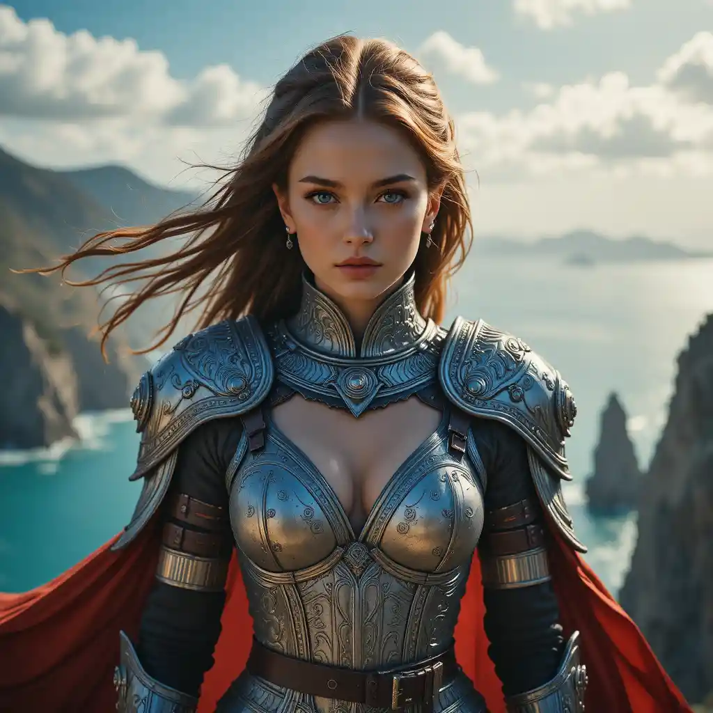 Fantasy warrior woman on windswept coastal cliff at sunset