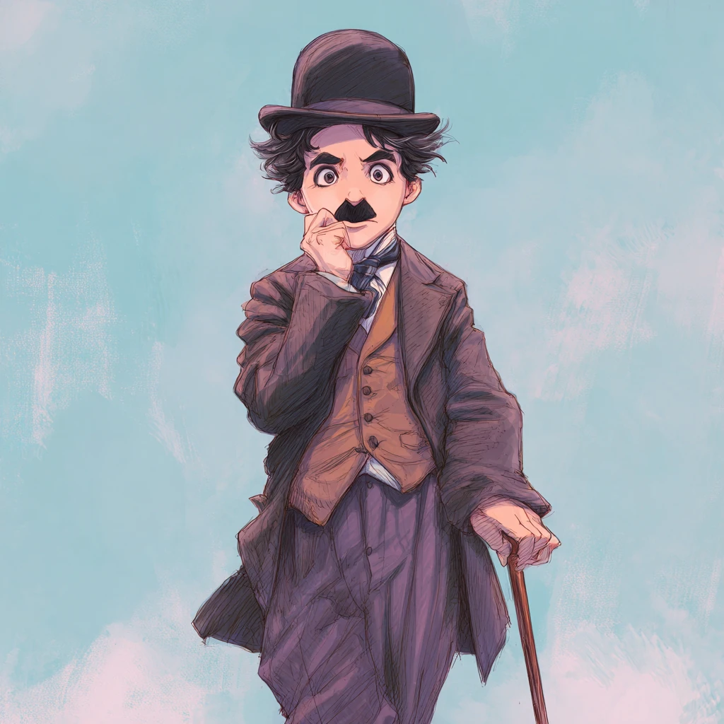 Figura de anime estilo Chaplin em pé com bengala sobre fundo azul pastel