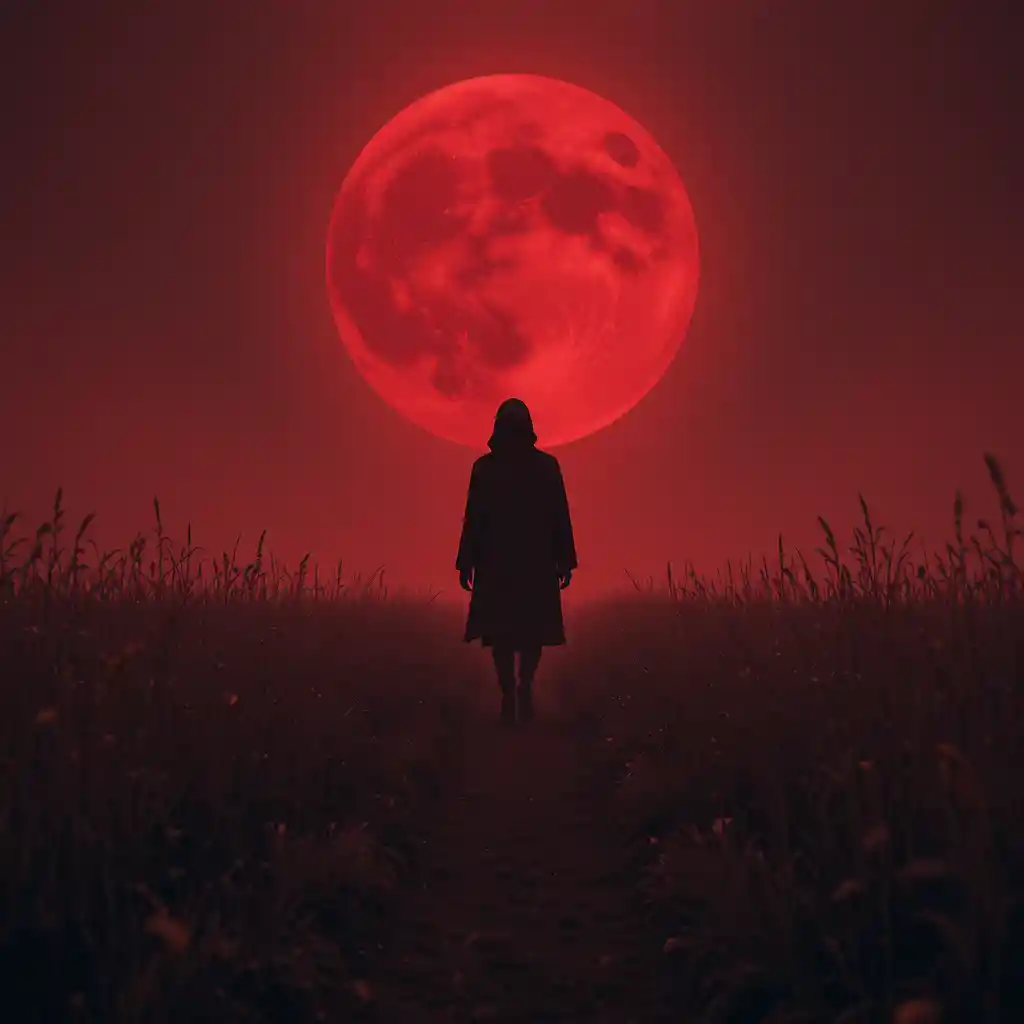 Shadowy figure crossing a field under a blood red moon
