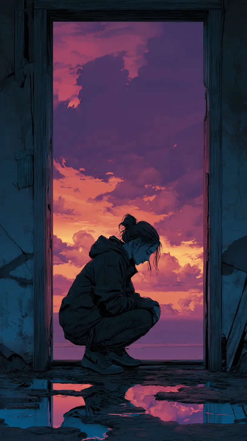 Girl crouching in abandoned room before glowing dusk sky
