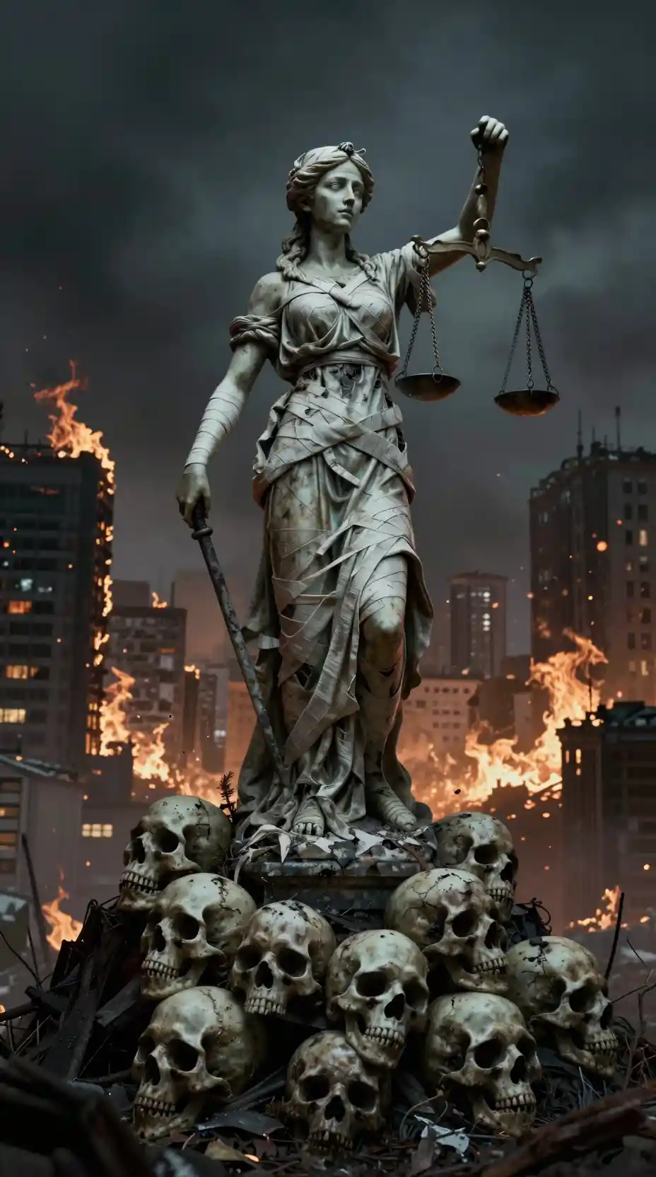 Bandaged statue of justice above a burning ruined city