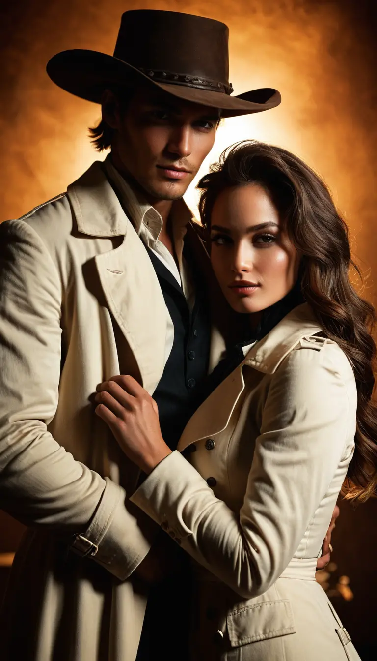 Romantic cowboy couple portrait at night in the wild west