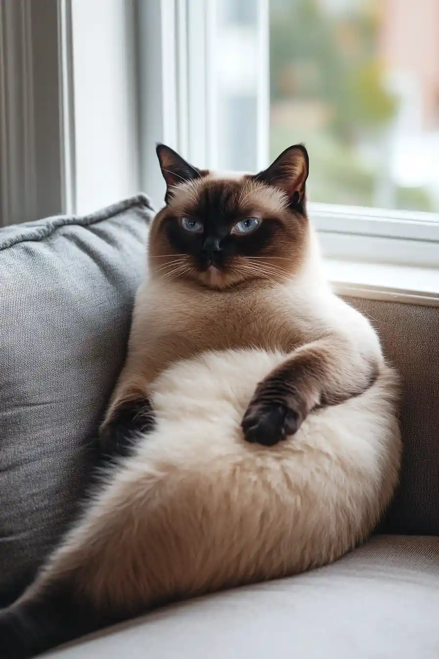 Gatto siamese paffuto che si rilassa sul divano accanto a una finestra soleggiata
