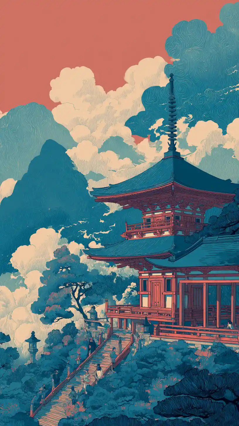 俯瞰霧氣山坡的浮世繪寺廟露台