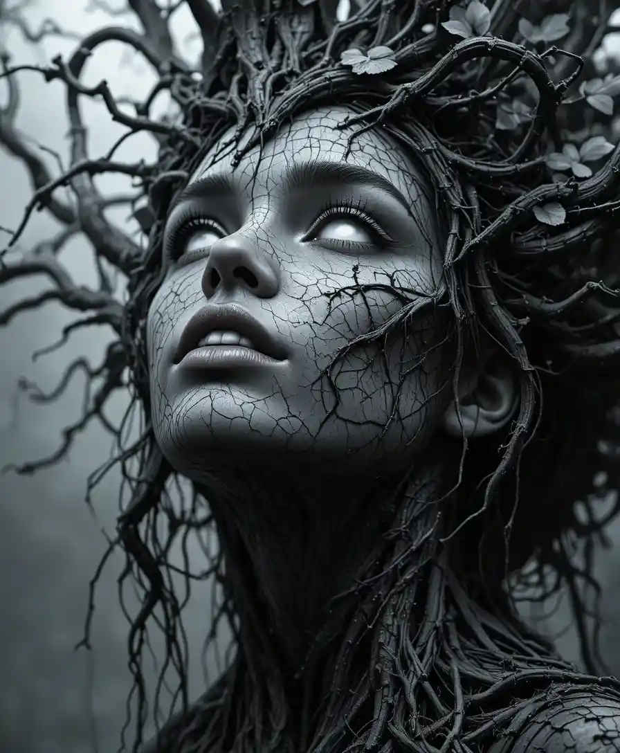 Haunting Woman Tree Hybrid In Dramatic Grayscale Portrait