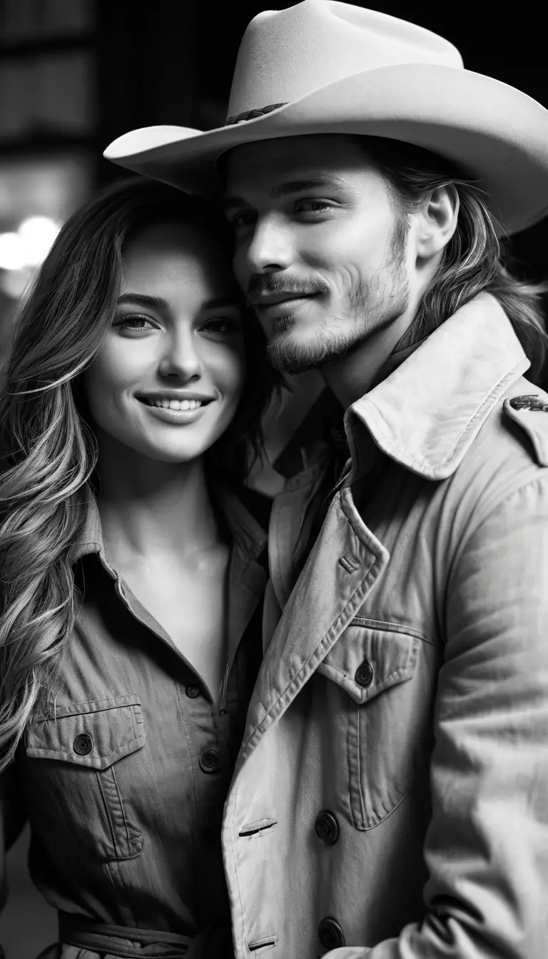 Romantic cowboy couple kissing in a close up portrait