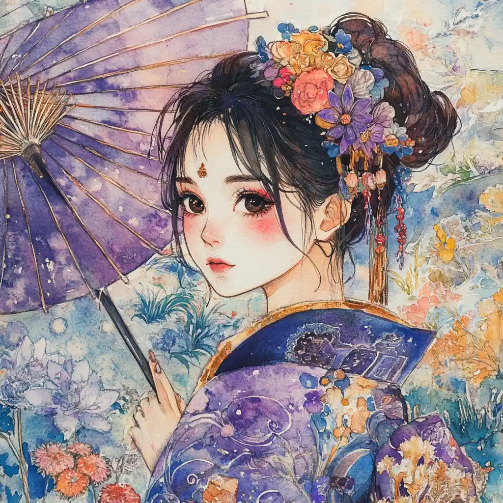 Anime woman in kimono walking thoughtfully with parasol