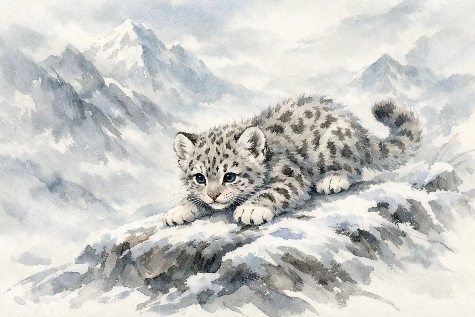 Verspieltes Schneeleopardenjunges auf verschneiten Himalaya-Felsen