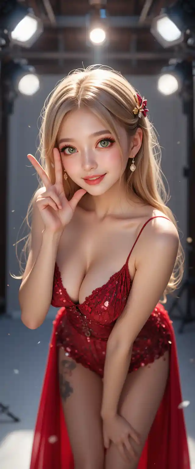 Garota anime loira de vestido vermelho posando em estúdio fotográfico