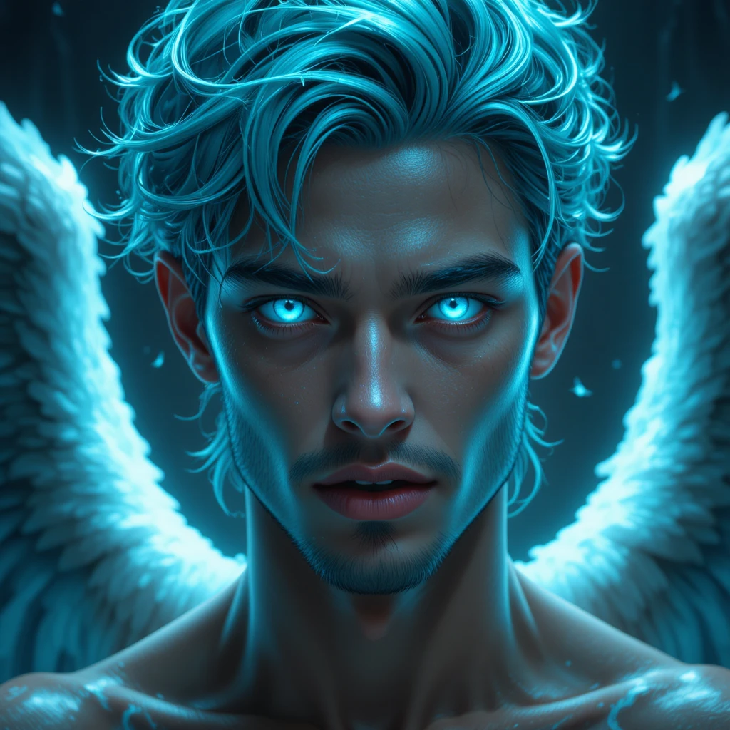 Brown skinned turquoise haired god of time with angel wings