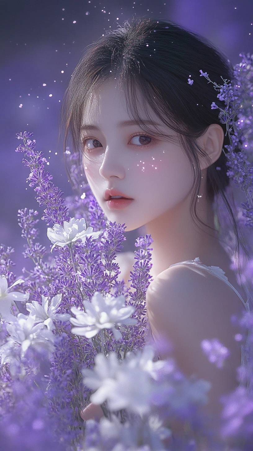 Young woman with glowing flowers in a starry purple field