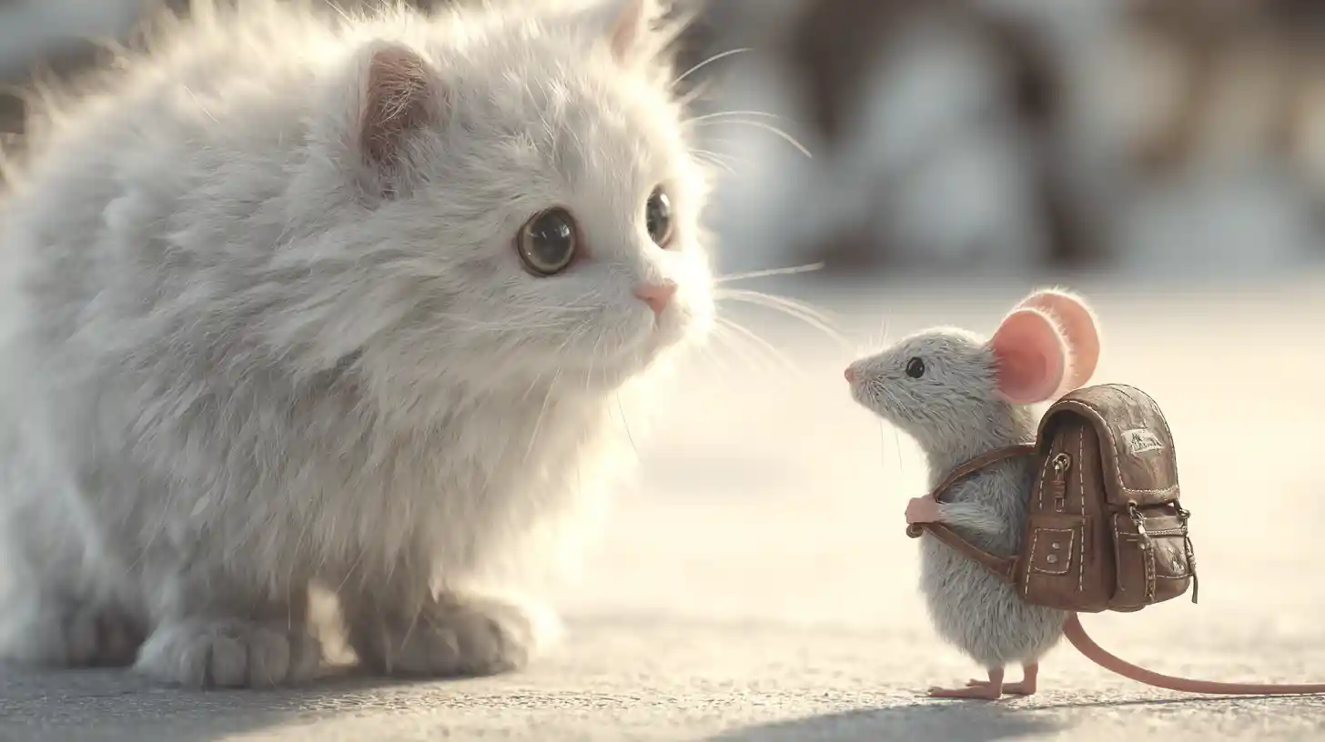 小さなリュックを背負った笑顔のネズミと向き合う3D猫