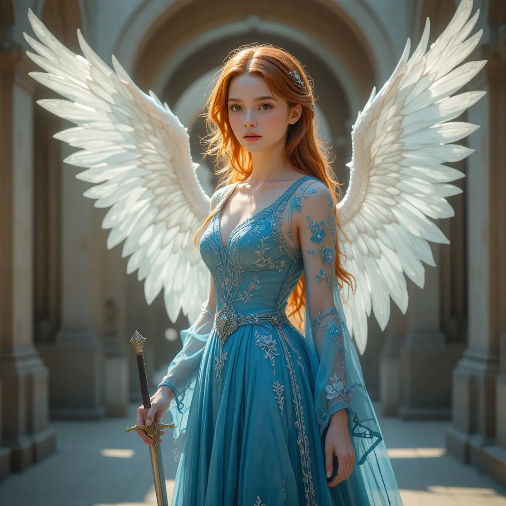 Mulher heroica de fantasia em vestido azul com asas luminosas