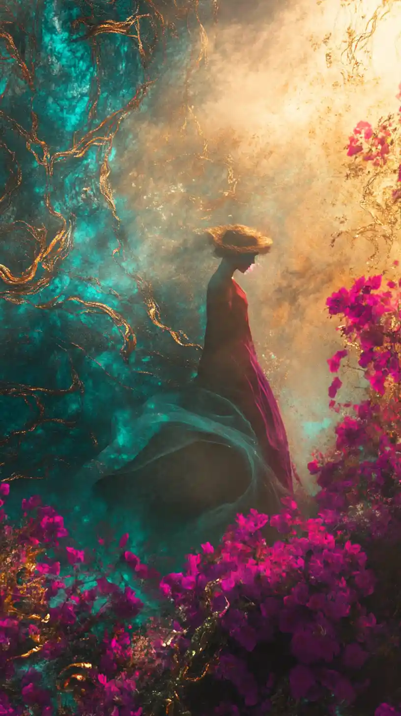 Ethereal Woman Among Magenta Blossoms In Golden Backlight