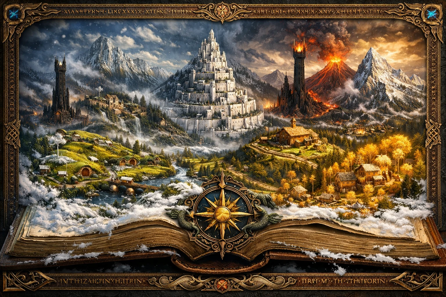 Ancient Open Book Revealing Snowy Fantasy World Map
